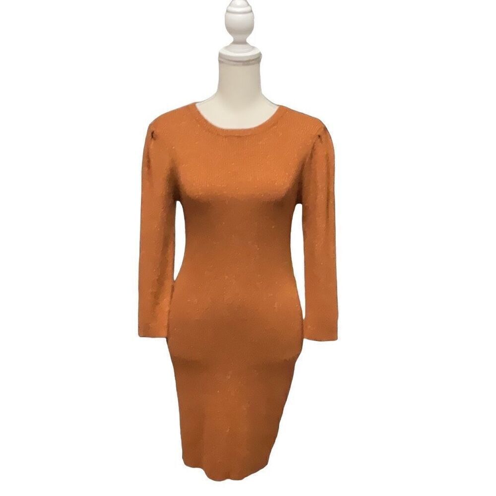 Miami Metallic Burnt Orange Bodycon Long Sleeve Dress Round Neck Size Large
